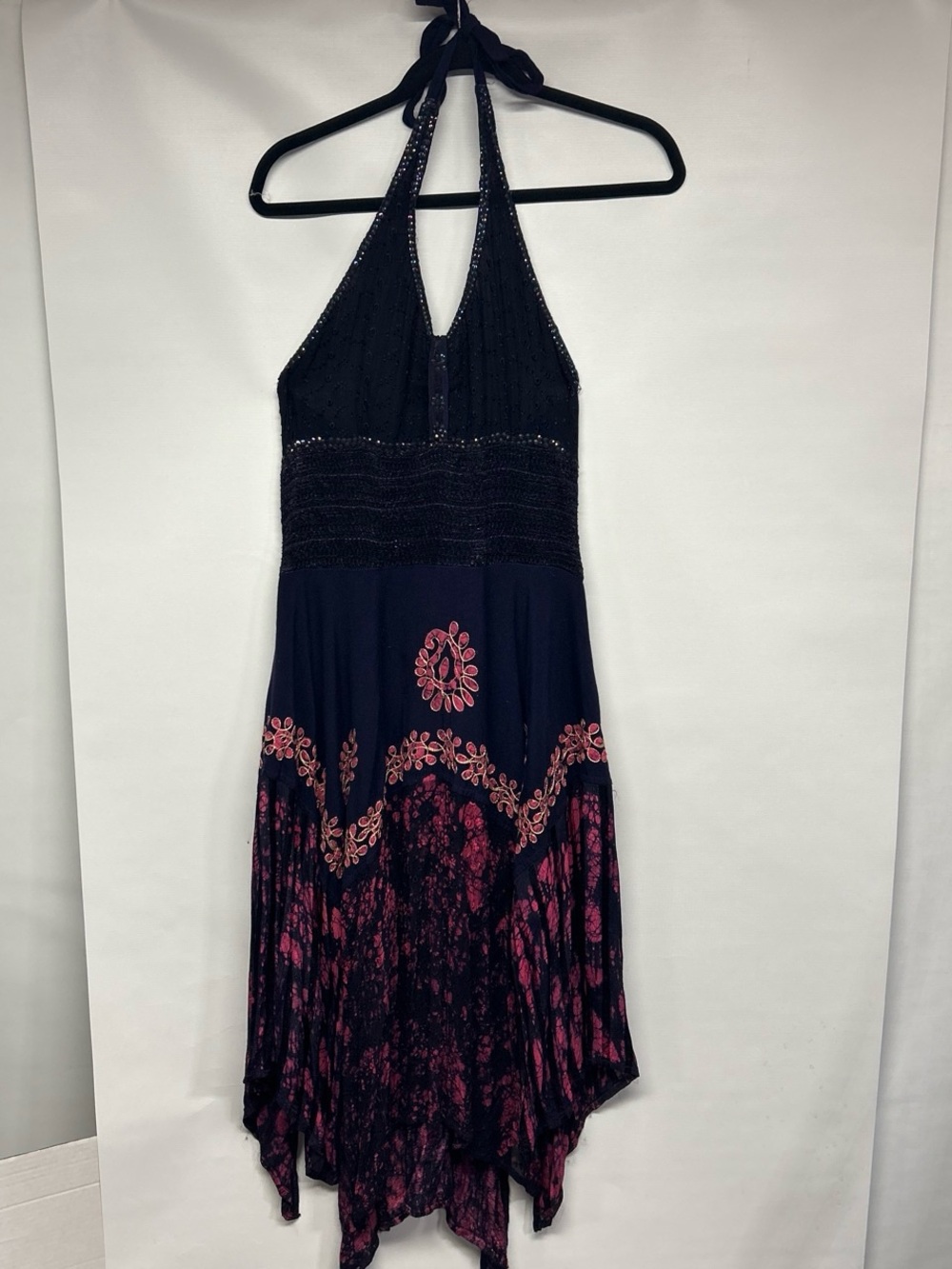 Navy Halter Midi Dress with Pink Floral Embroidery